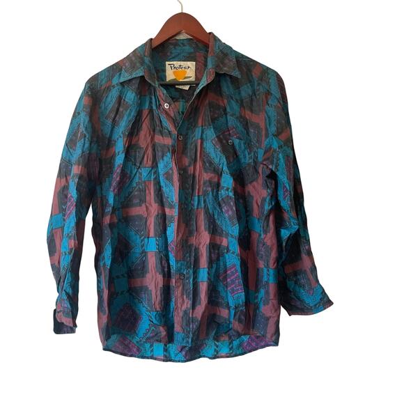Vintage Tops - Vintage silk western Aztec button up‎ shirt  size large